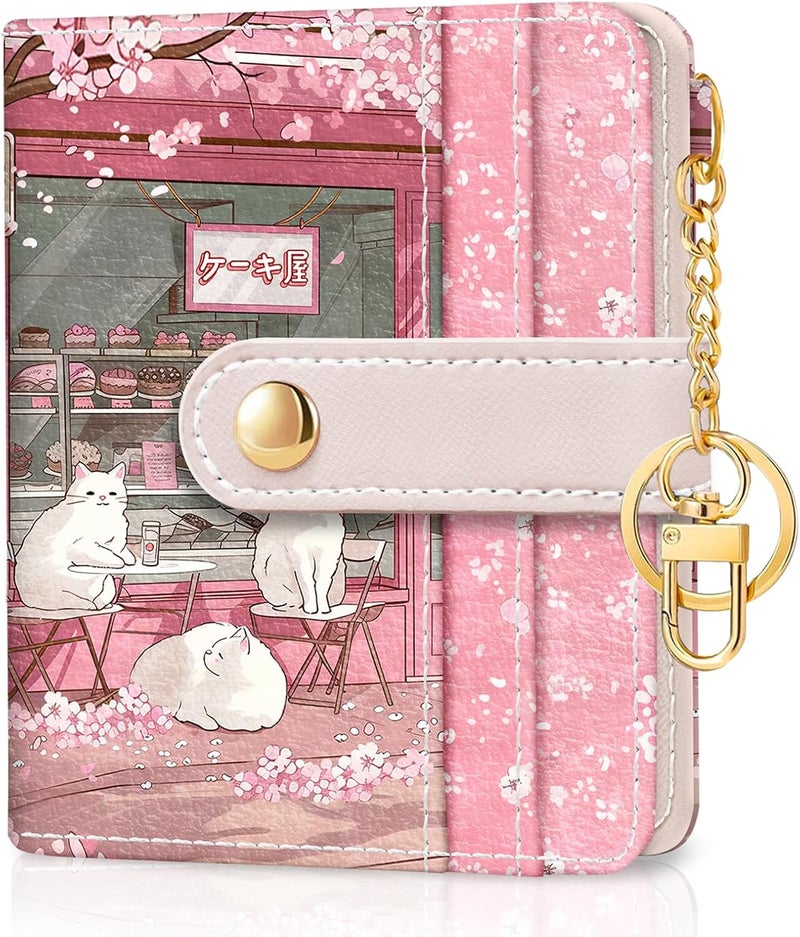 Jogjam Cute Kawaii White Cats Rfid Ladies Wallet, Small Credit Card Women Wallet, Japanese Dessert House PU Leather Bifold Cash Zipper Coin Pocket for Female - Image 1